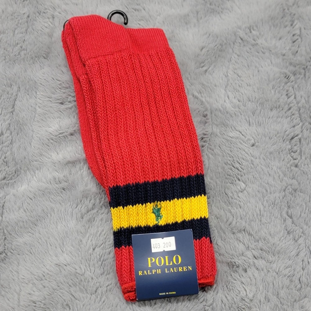 Polo Ralph Lauren Socks Mens 10-13 Red Ribbed Knit Crew Rugby Multi Stripe Pony